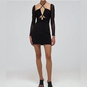 Self Portrait Mini Dress 4 Black Cutout Lace Trim Halter Ruched Mesh Long Sleeve